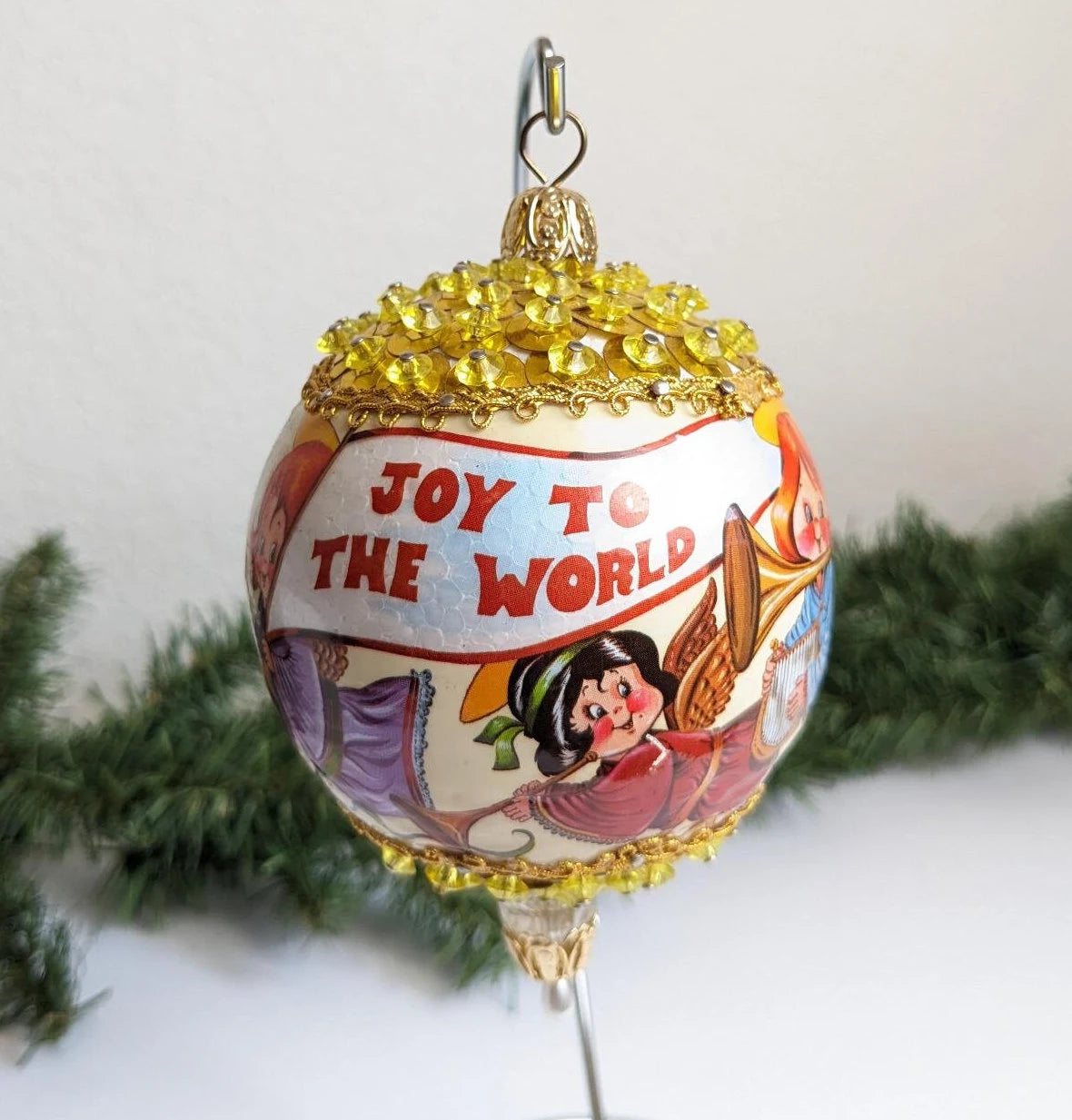 Vintage Beaded Pushpin Angel "Joy to the World" Christmas Ornament