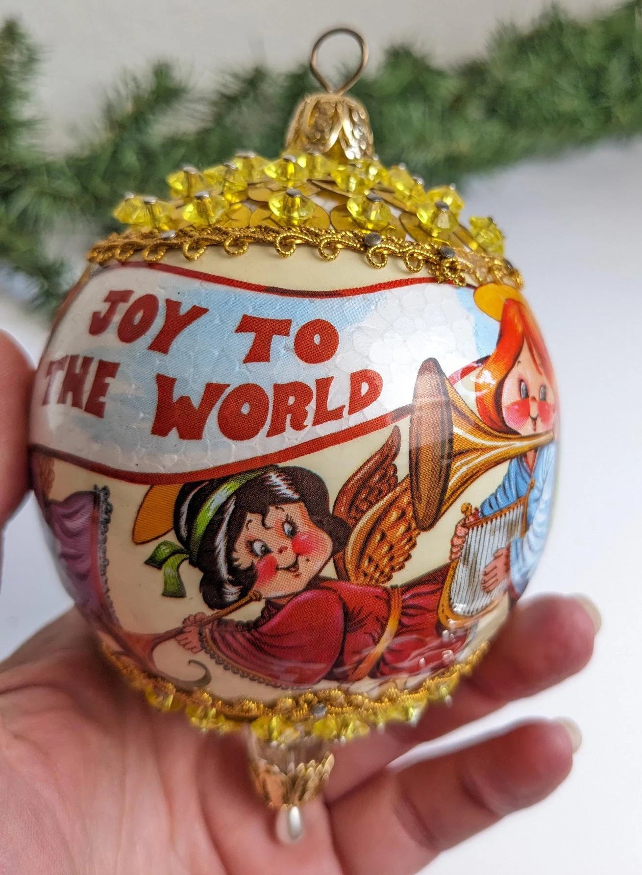 Vintage Beaded Pushpin Angel "Joy to the World" Christmas Ornament