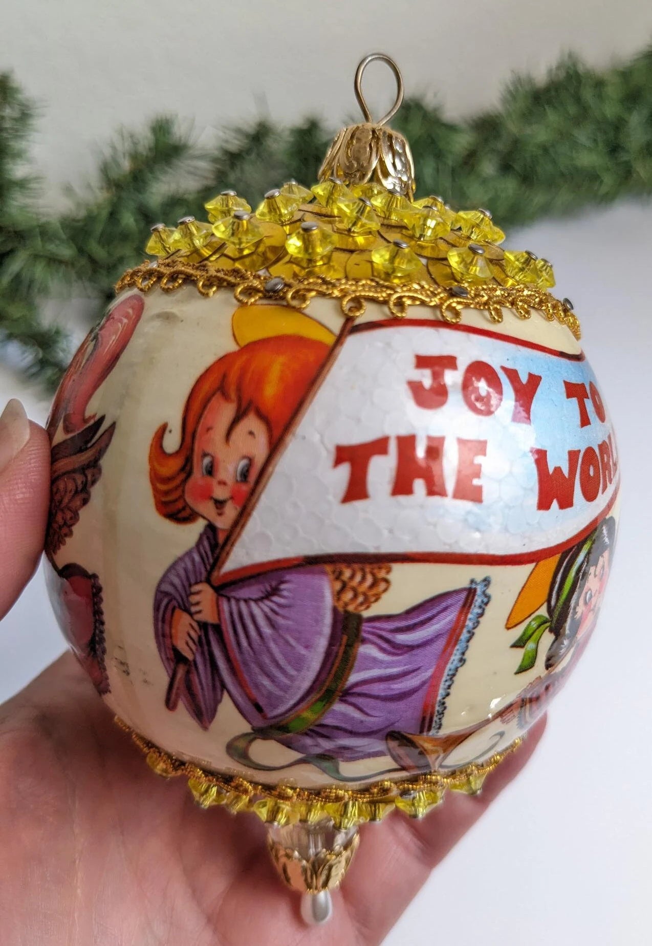 Vintage Beaded Pushpin Angel "Joy to the World" Christmas Ornament