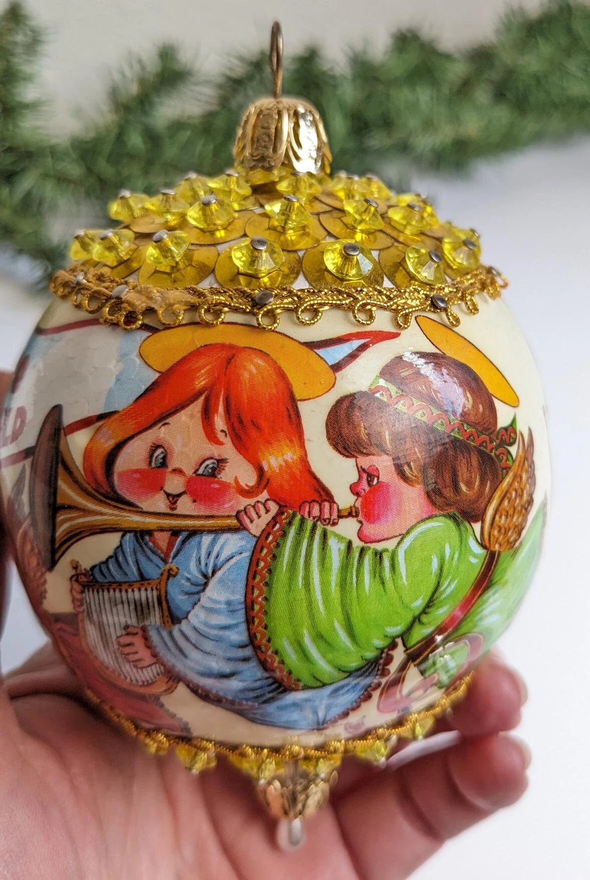 Vintage Beaded Pushpin Angel "Joy to the World" Christmas Ornament