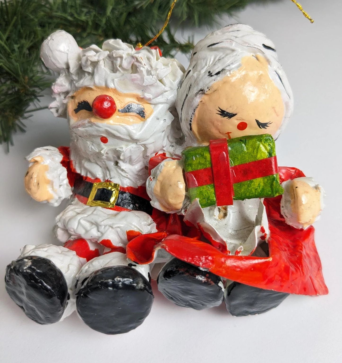 Santa and Mrs. Claus Paper Mache Christmas Ornaments