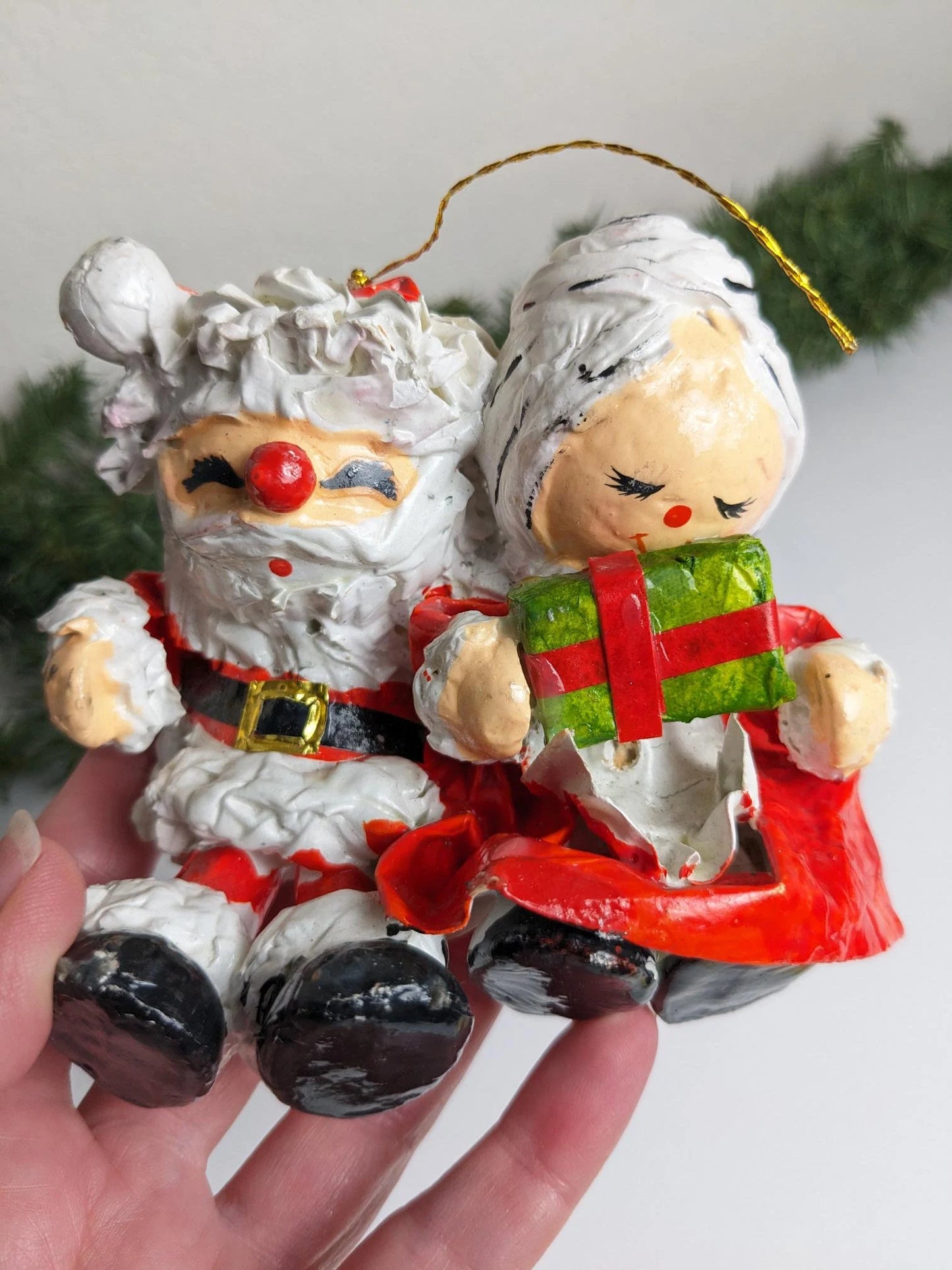 Santa and Mrs. Claus Paper Mache Christmas Ornaments