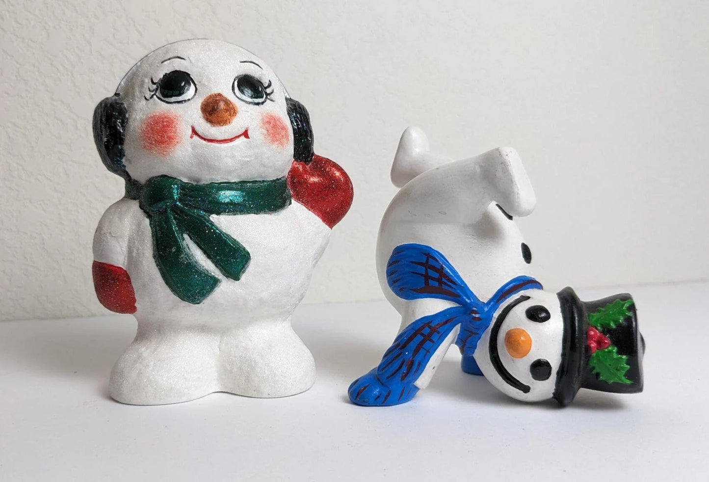 Vintage Set of 2 Ceramic Christmas Snowmen Figurines