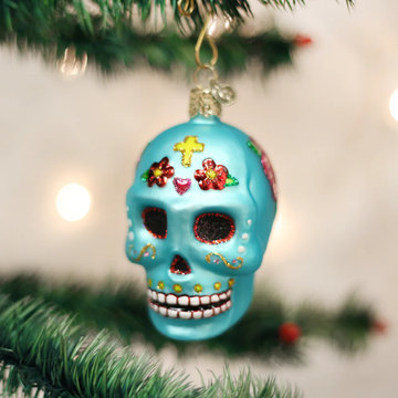 Blue Day of the Dead Sugar Skull Blown Glass Halloween or Tree Ornament by Old World Christmas - Día de los Muertos
