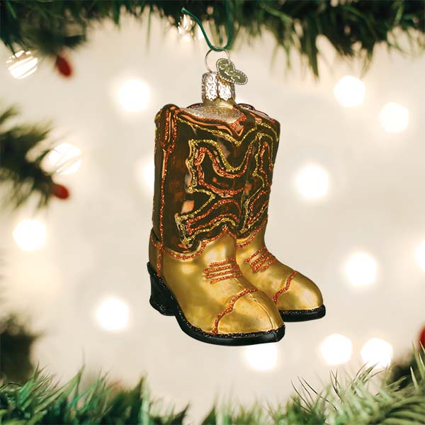 Brown Pair of Cowboy Boots Blown Glass Tree Ornament by Old World Christmas