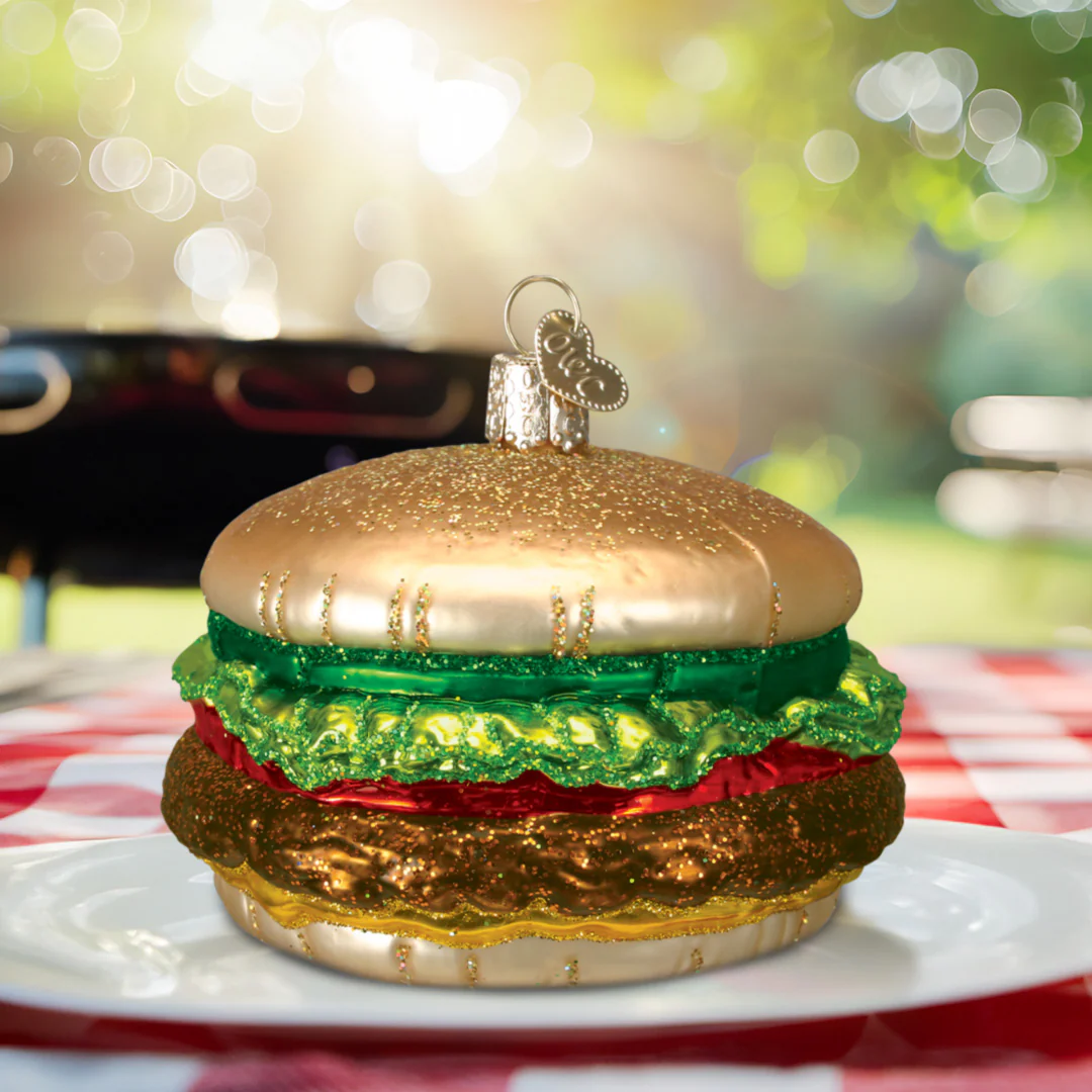 Cheeseburger Fast Food Blown Glass Tree Ornament by Old World Christmas Hamburger