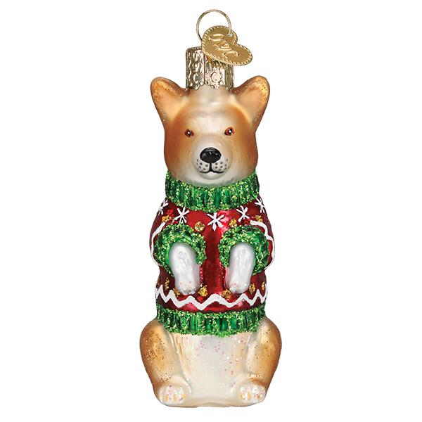 Christmas Corgi in Holiday Sweater - Blown Glass Tree Ornament by Old World Christmas