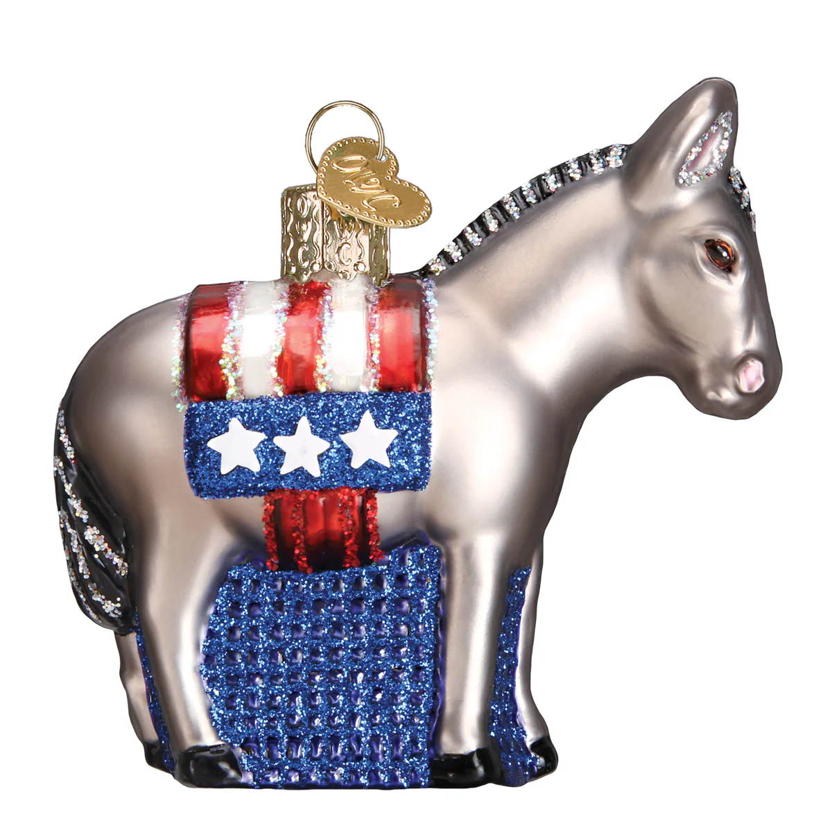 Democrat Donkey Red White Blue American Flag Colors - Glass Tree Ornament by Old World Christmas