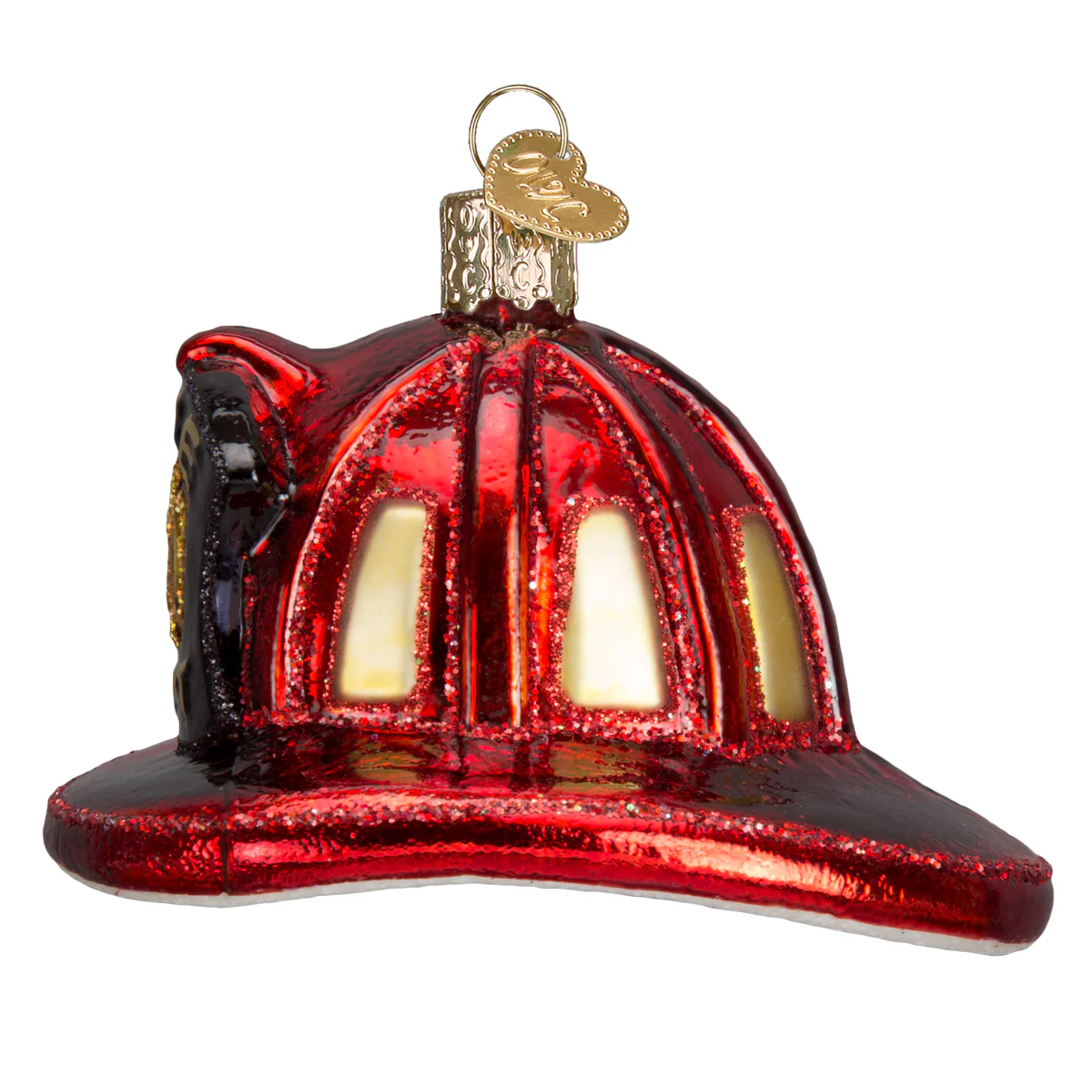 Fire Dept Fireman's Helmet Red Safety Hat Blown Glass Tree Ornament by Old World Christmas