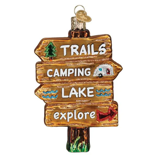 Gone Camping Campsite Direction Sign - Blown Glass Tree Ornament by Old World Christmas
