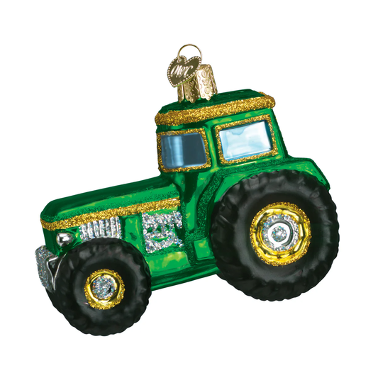 Green Farming Tractor Blown Glass Tree Ornament by Old World Christmas