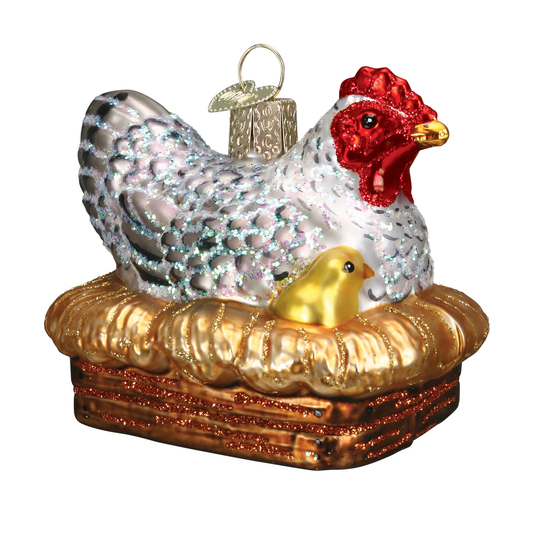 Broody Hen on Nest Blown Glass Chicken Tree Ornament by Old World Christmas