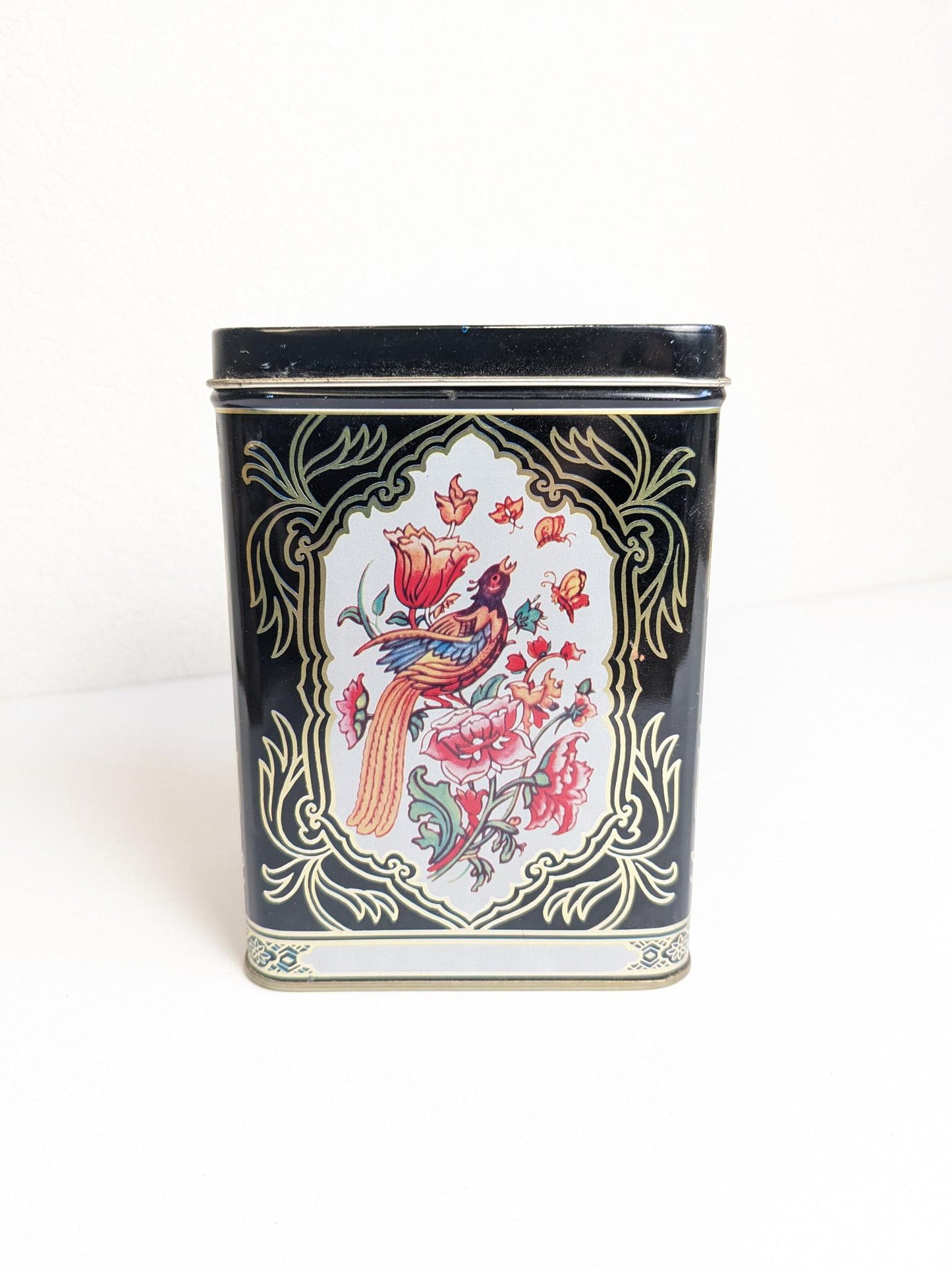 Vintage Black Floral with Birds Metal Collector Tin