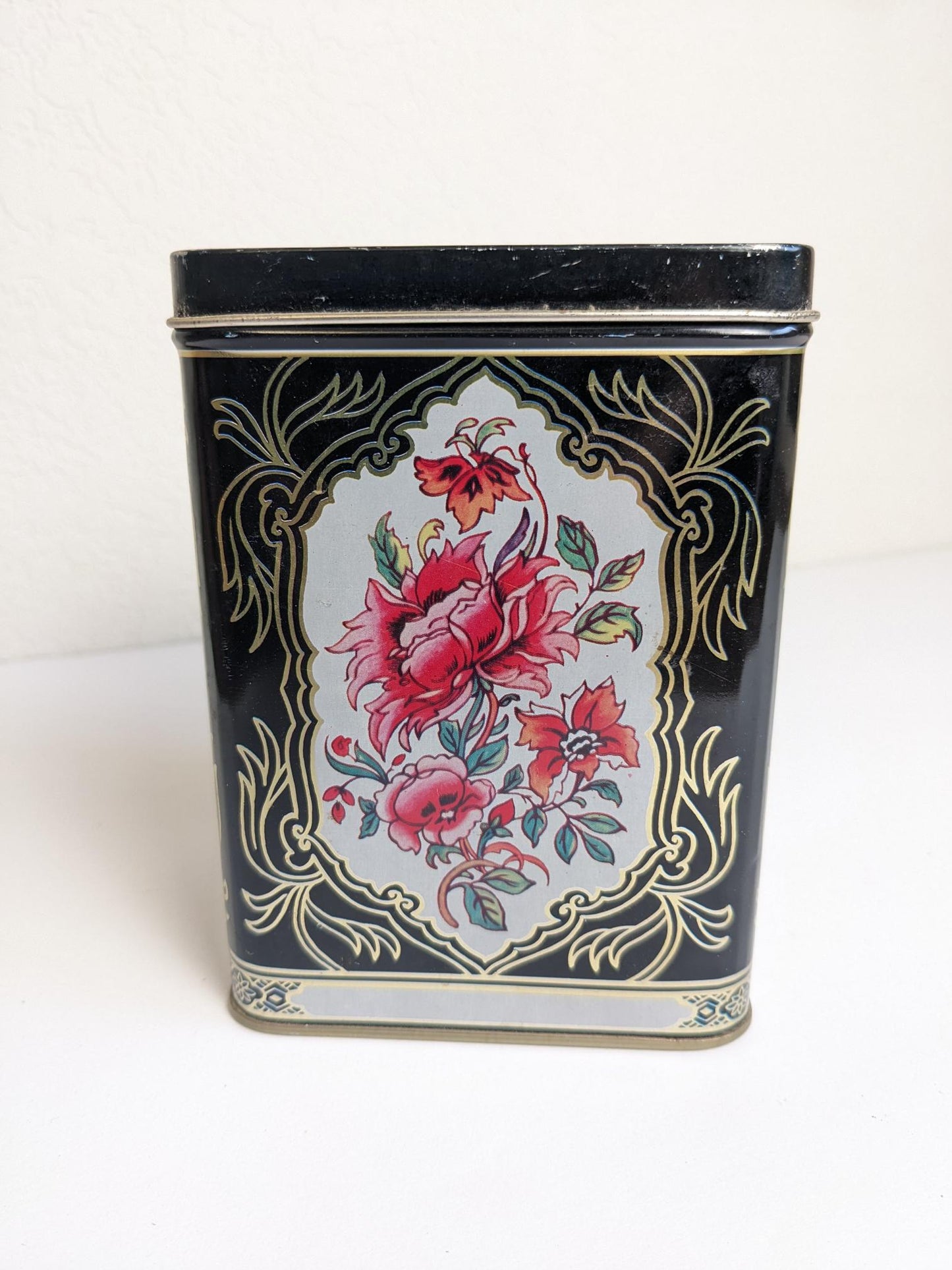 Vintage Black Floral with Birds Metal Collector Tin