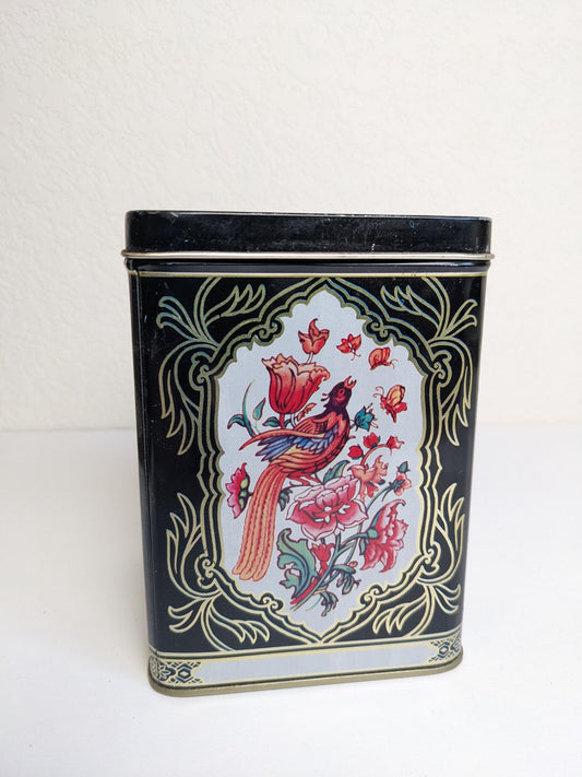 Vintage Black Floral with Birds Metal Collector Tin