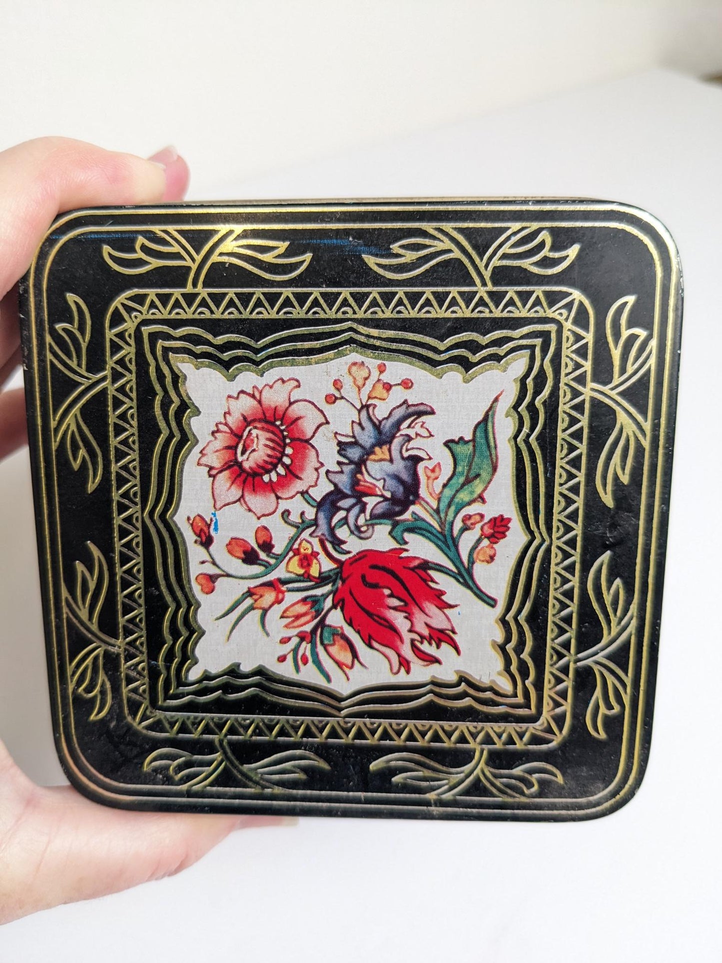 Vintage Black Floral with Birds Metal Collector Tin