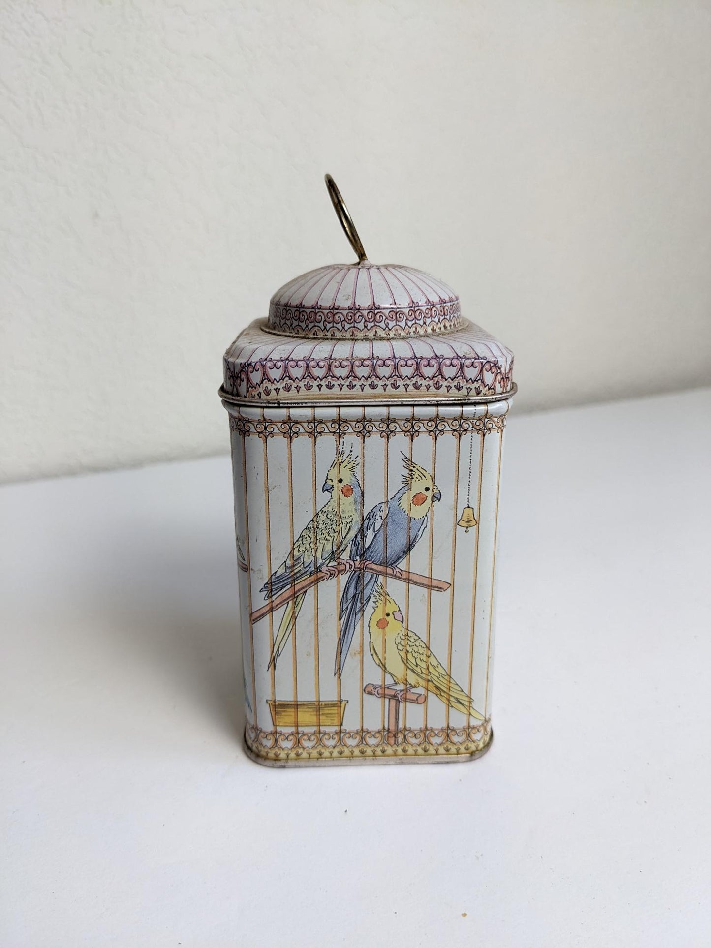 Vintage Cockatiel Bird Cage Metal Collector Tin