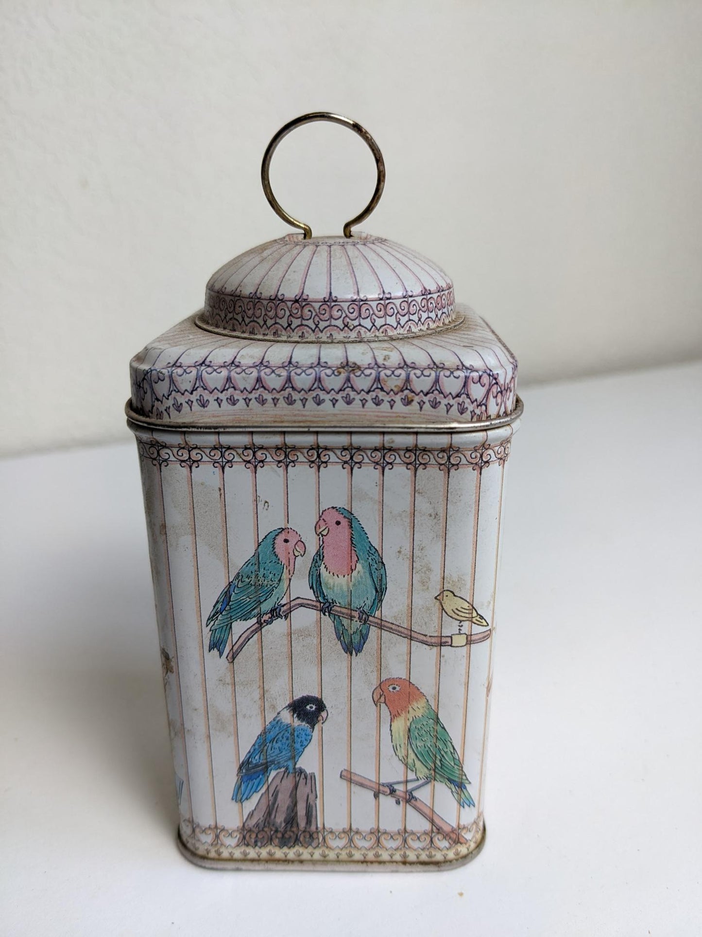 Vintage Cockatiel Bird Cage Metal Collector Tin