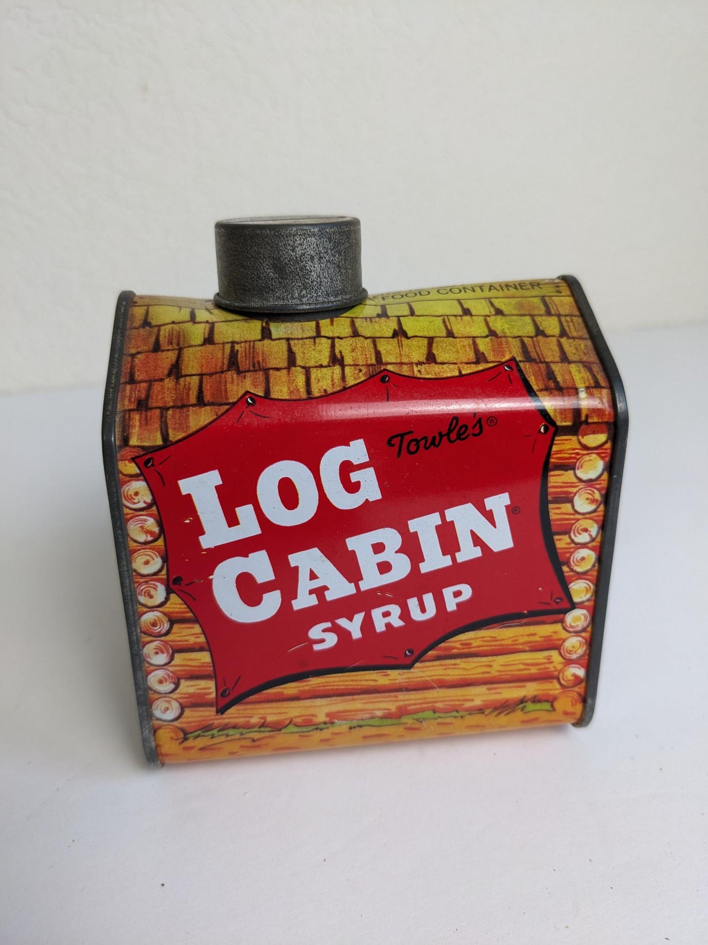 Vintage Towles Log Cabin Syrup Coin Bank Collector Tin