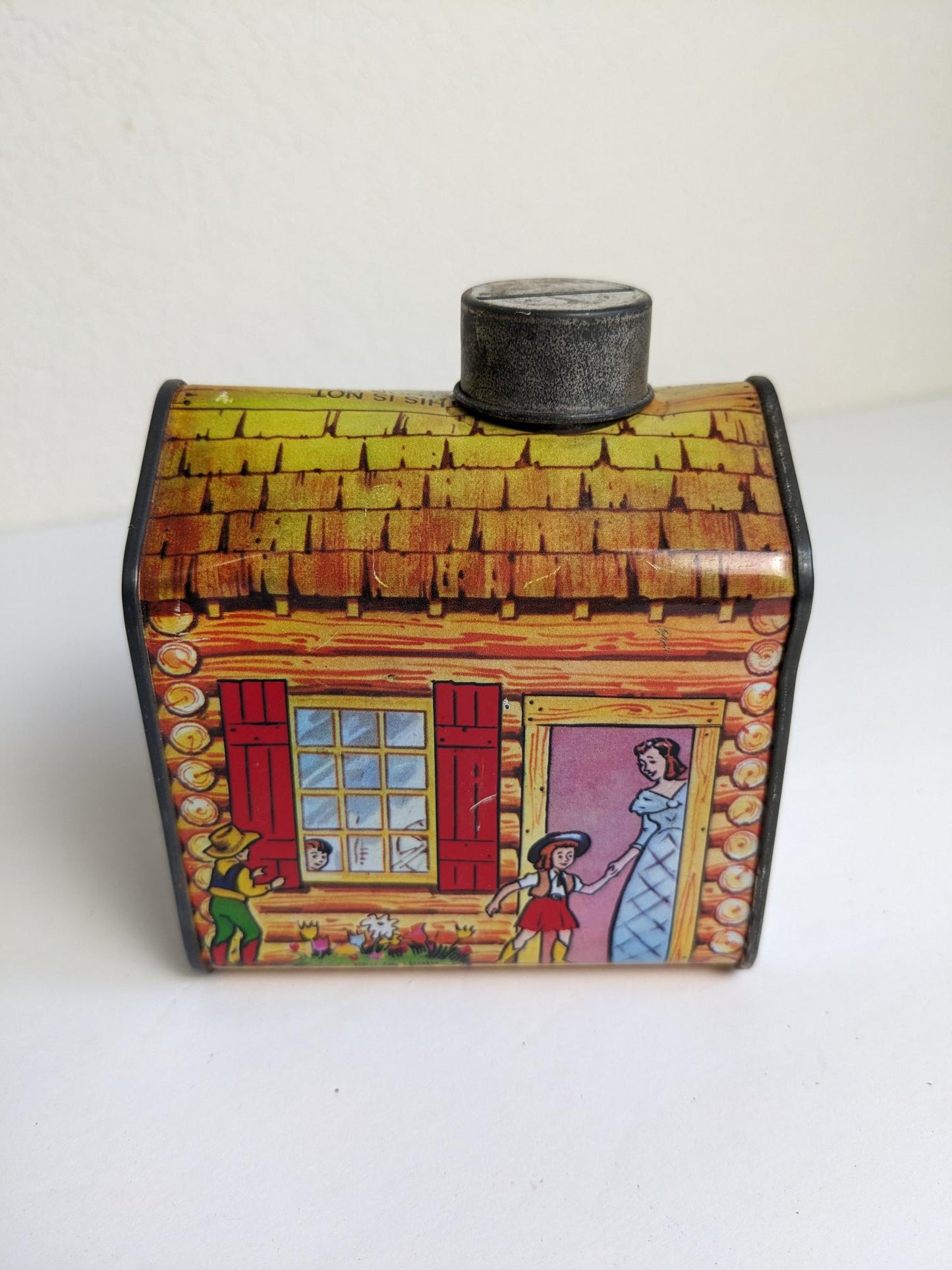 Vintage Towles Log Cabin Syrup Coin Bank Collector Tin