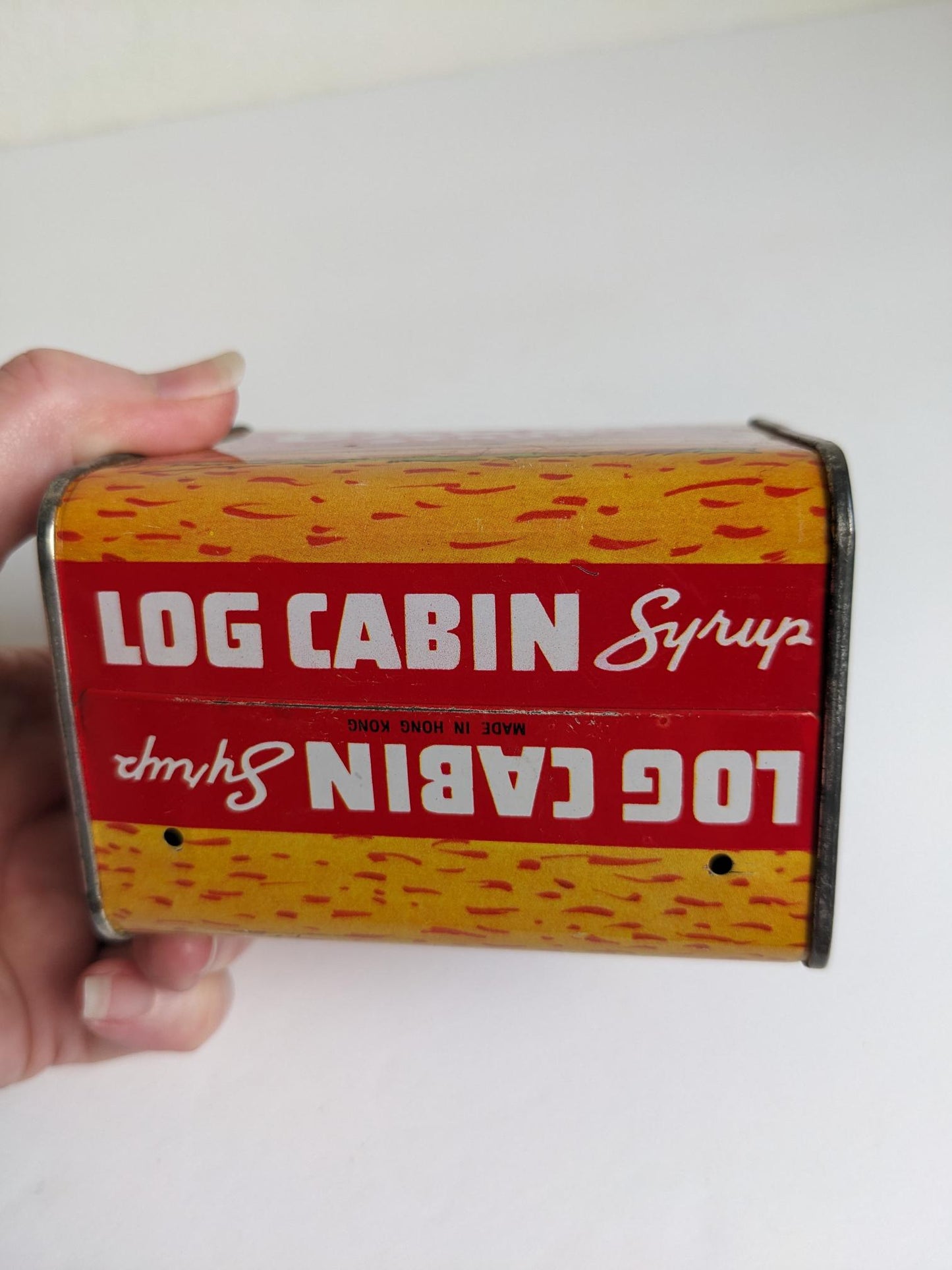 Vintage Towles Log Cabin Syrup Coin Bank Collector Tin