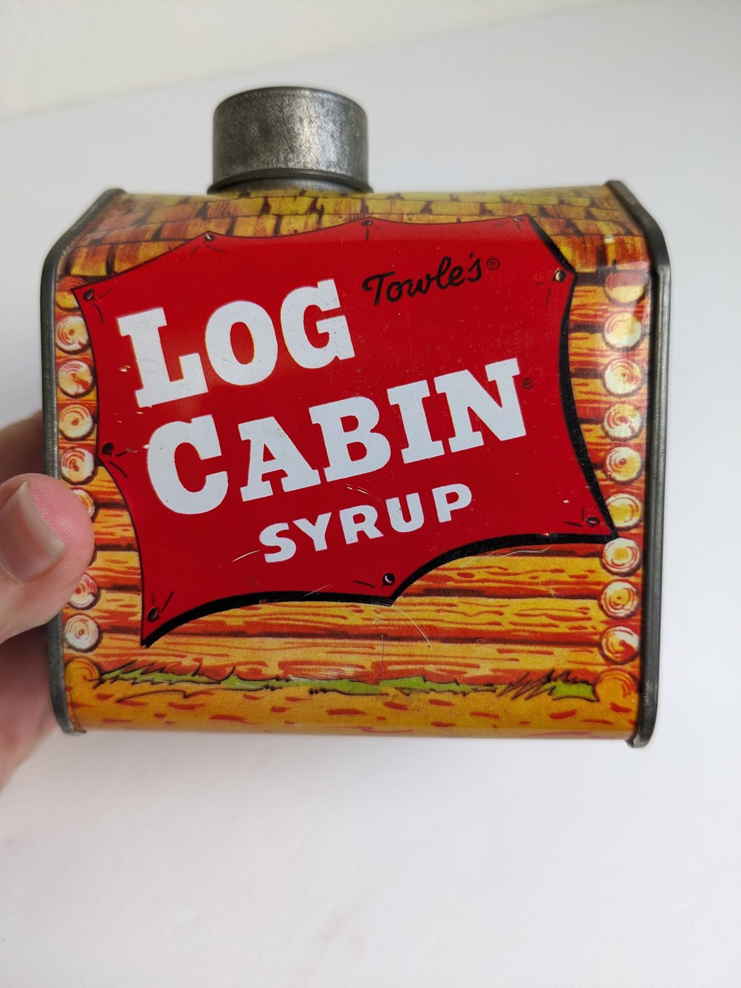 Vintage Towles Log Cabin Syrup Coin Bank Collector Tin