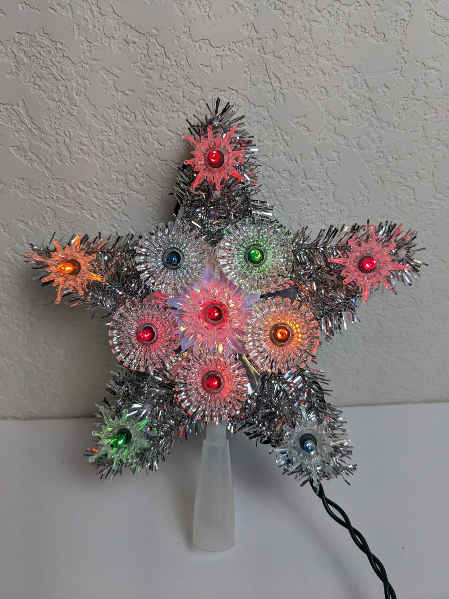 Vintage Light-Up Silver Tinsel Star Christmas Tree Topper