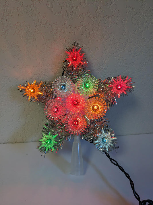 Vintage Light-Up Silver Tinsel Star Christmas Tree Topper