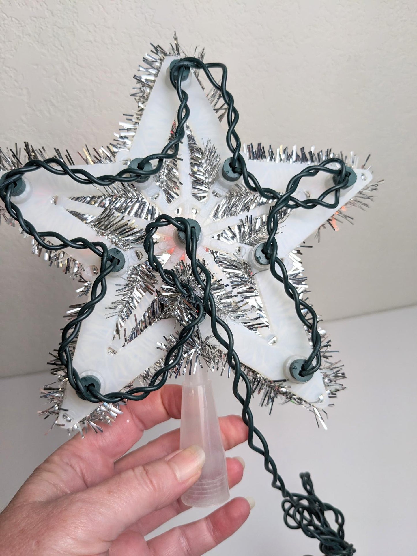 Vintage Light-Up Silver Tinsel Star Christmas Tree Topper