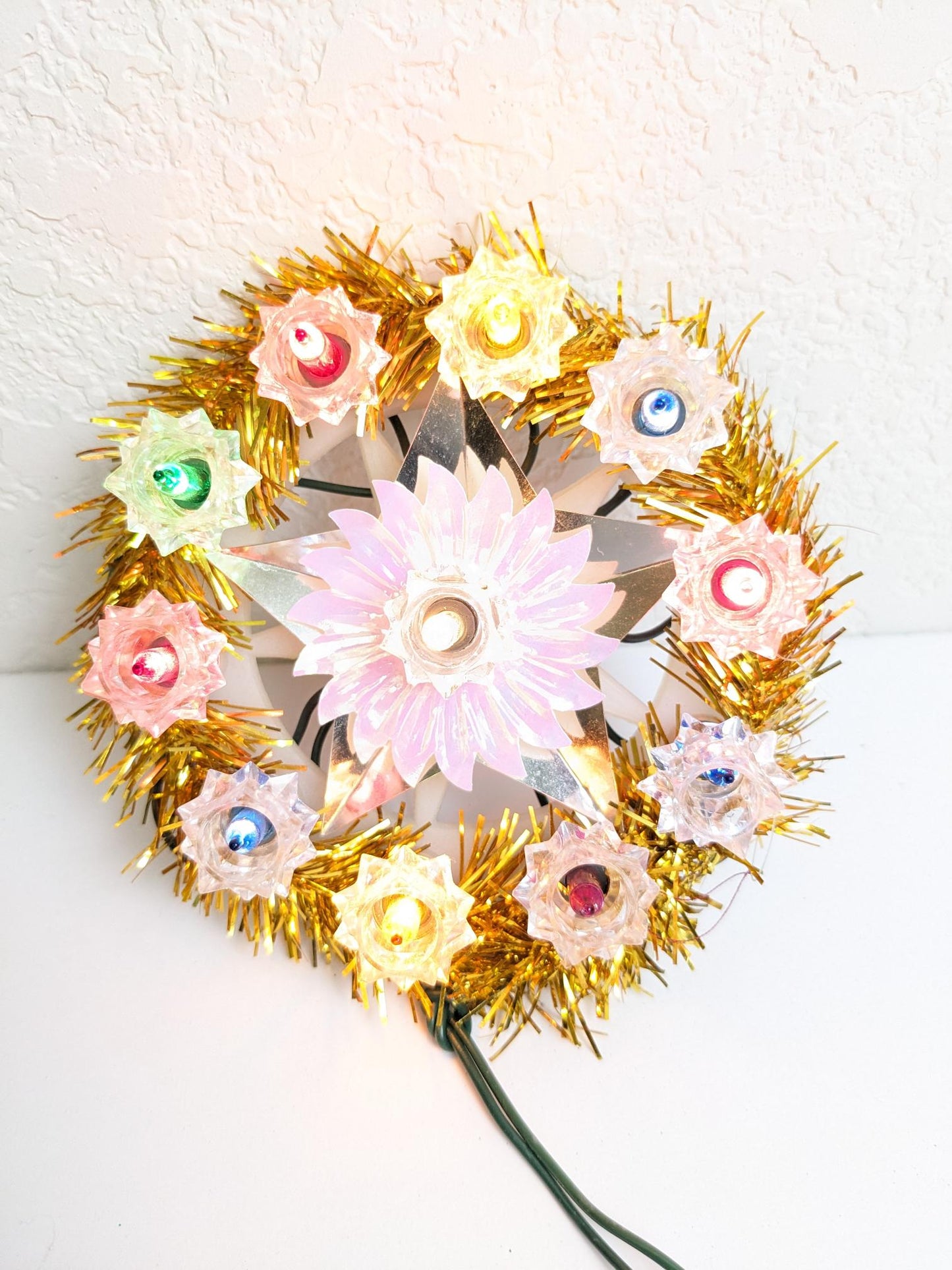 Vintage Small Round Tinsel Light-Up Christmas Tree Topper