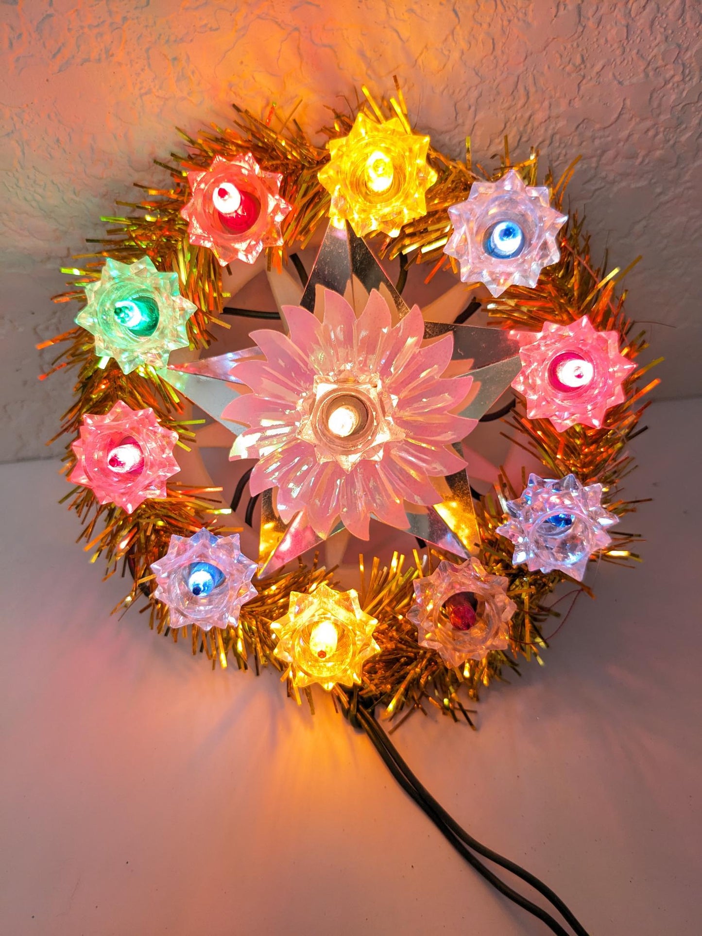 Vintage Small Round Tinsel Light-Up Christmas Tree Topper