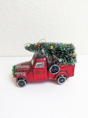 Red Truck with Bottlebrush Christmas Tree Glass Ornament