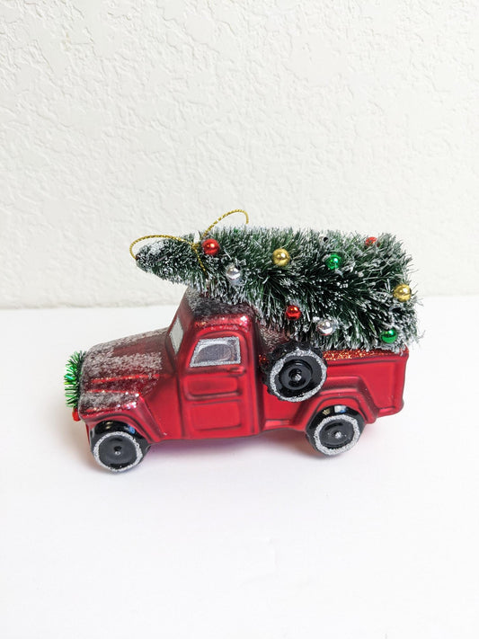Red Truck with Bottlebrush Christmas Tree Glass Ornament
