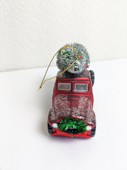 Red Truck with Bottlebrush Christmas Tree Glass Ornament
