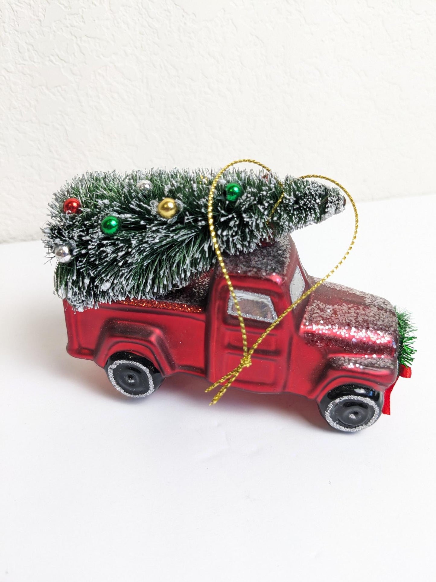Red Truck with Bottlebrush Christmas Tree Glass Ornament