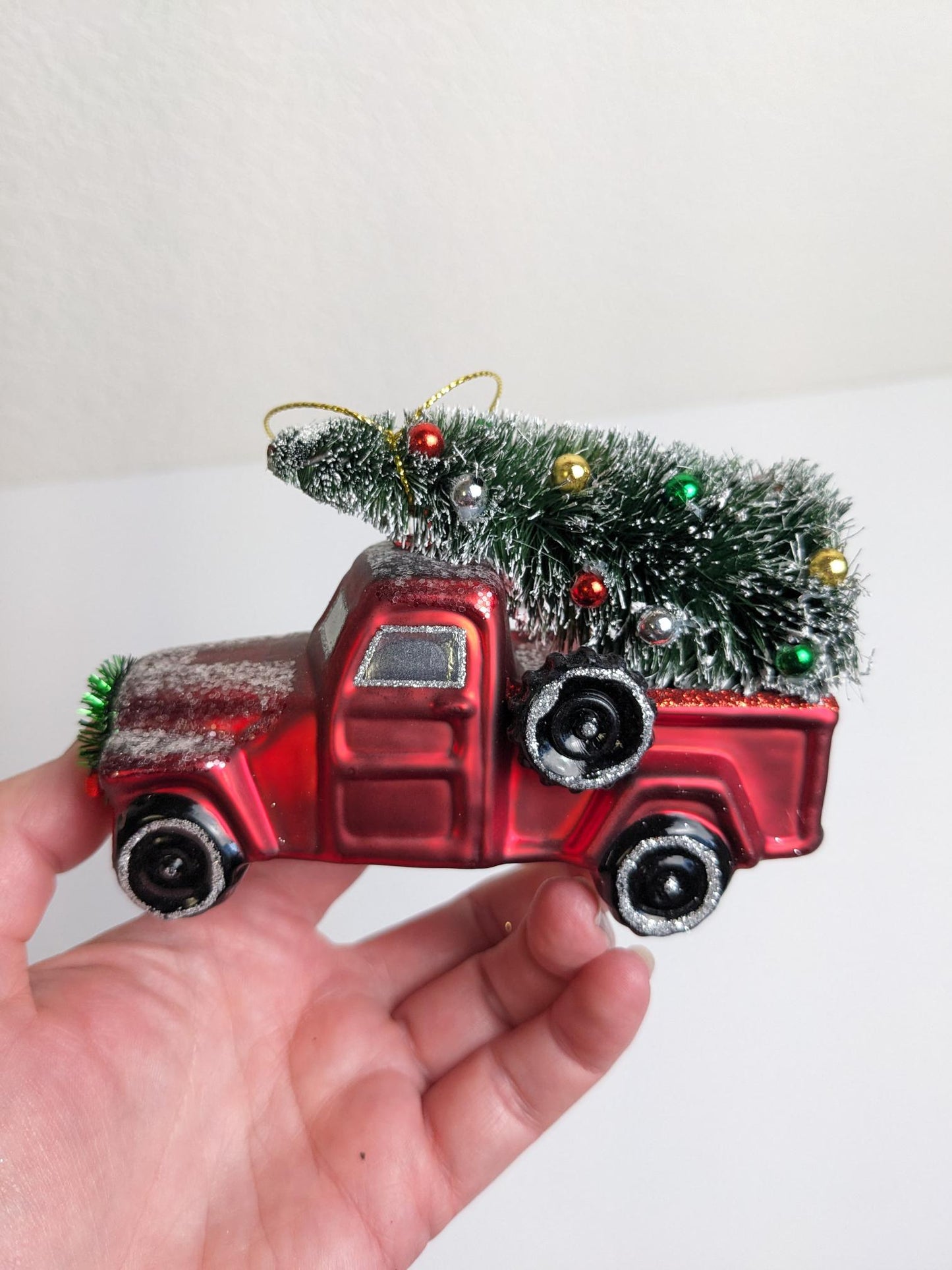 Red Truck with Bottlebrush Christmas Tree Glass Ornament