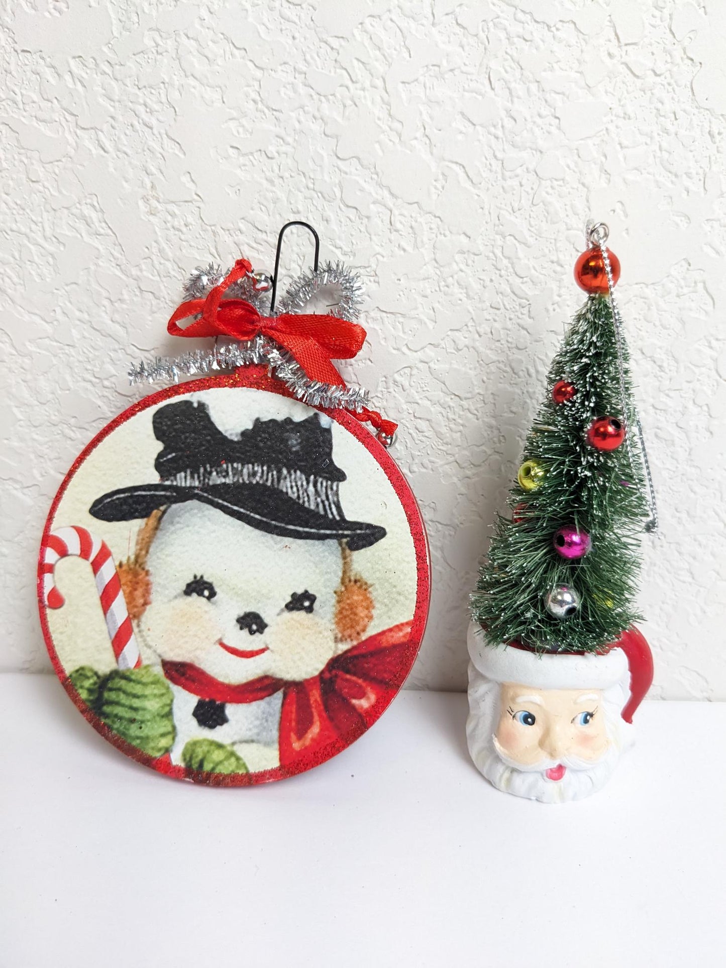 Santa Mug Bottle Brush Tree & Snowman Retro Christmas Ornaments