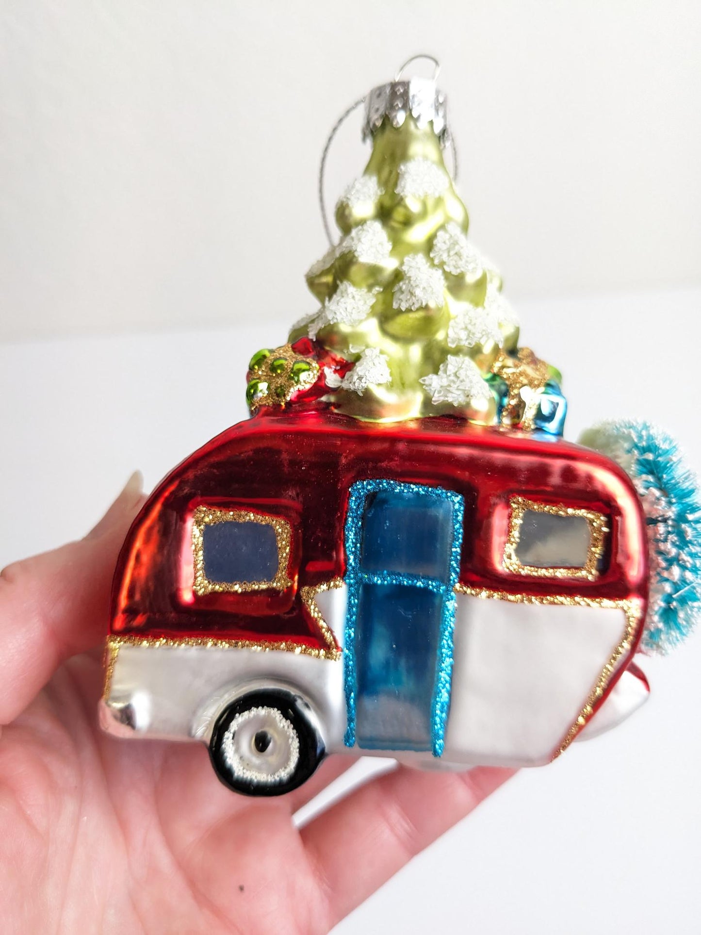 Red Vintage Camper Glass Christmas Ornament