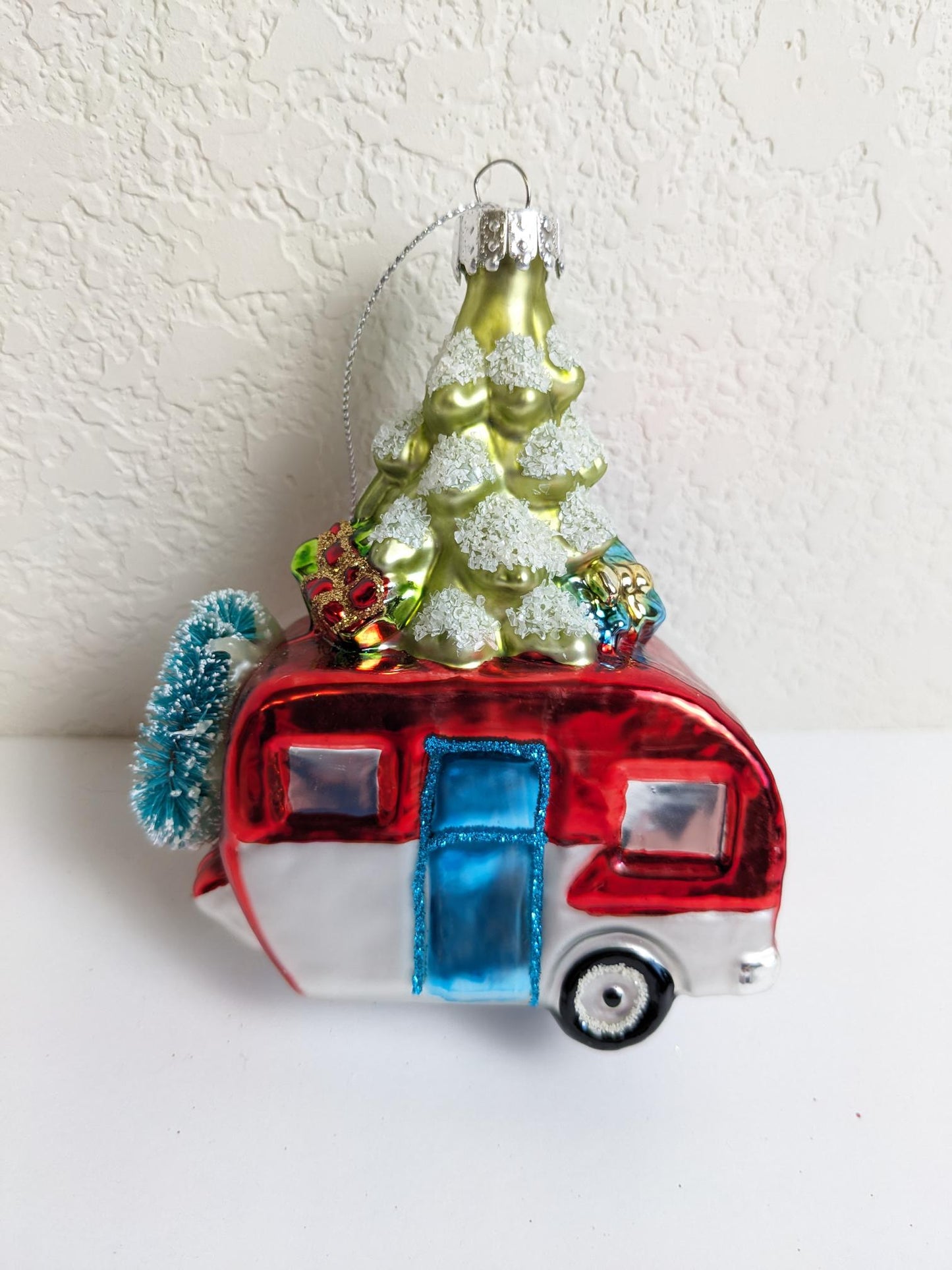 Red Vintage Camper Glass Christmas Ornament