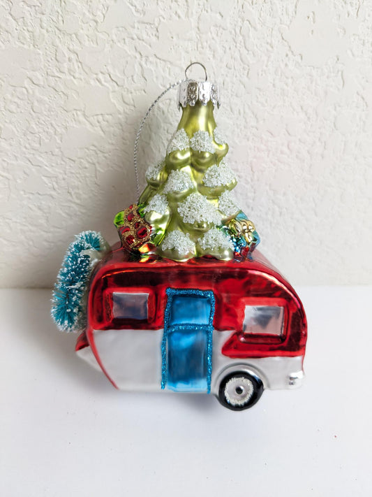 Red Vintage Camper Glass Christmas Ornament