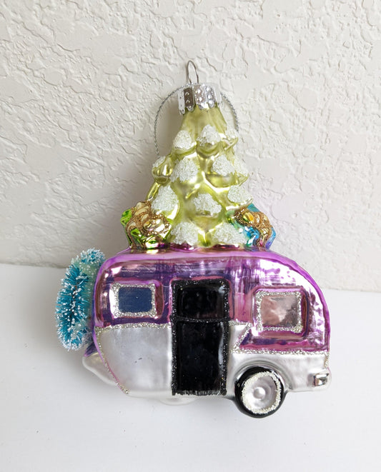 Pink Purple Vintage Camper Glass Christmas Ornament