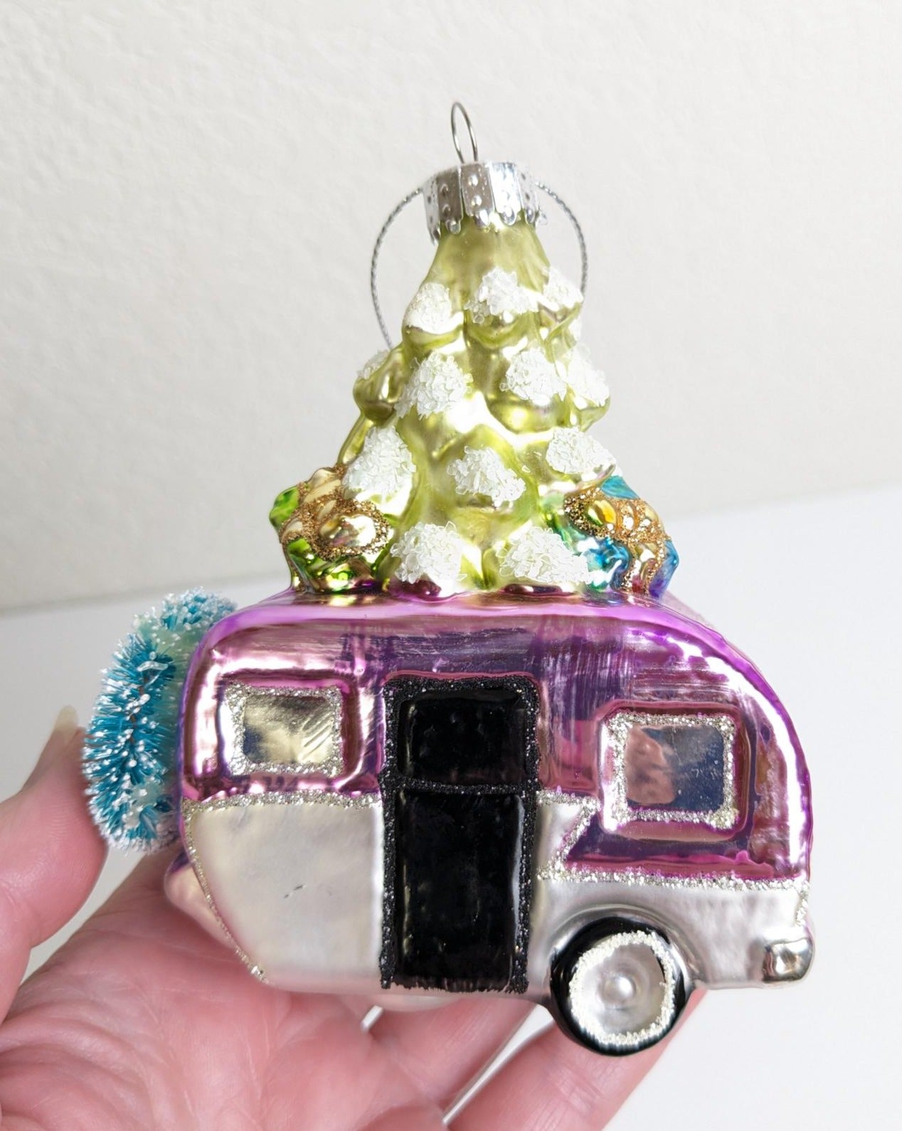 Pink Purple Vintage Camper Glass Christmas Ornament