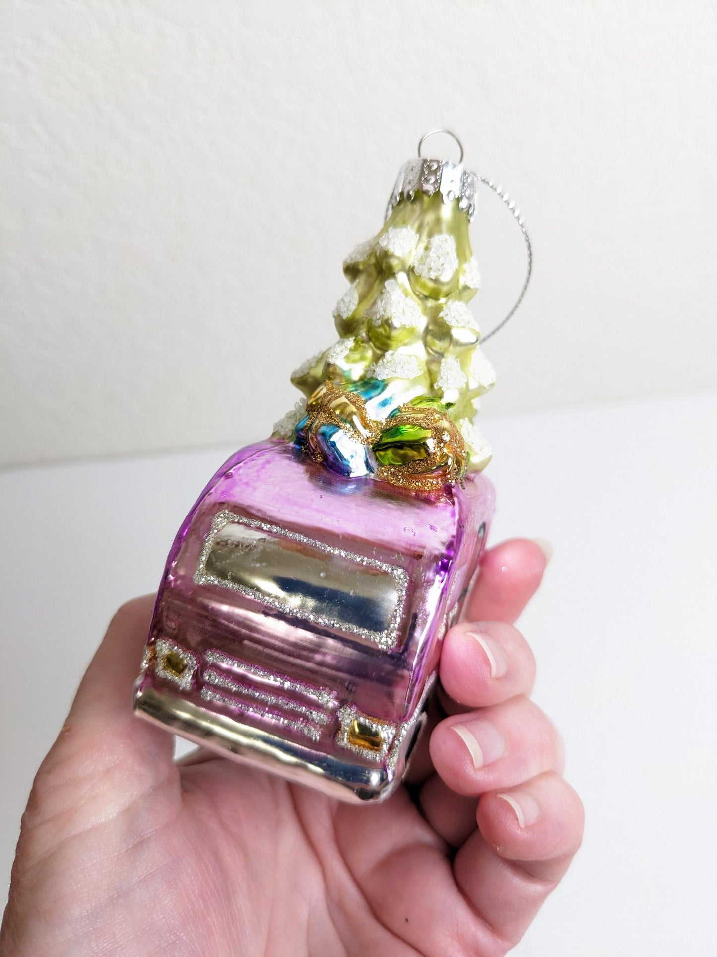Pink Purple Vintage Camper Glass Christmas Ornament