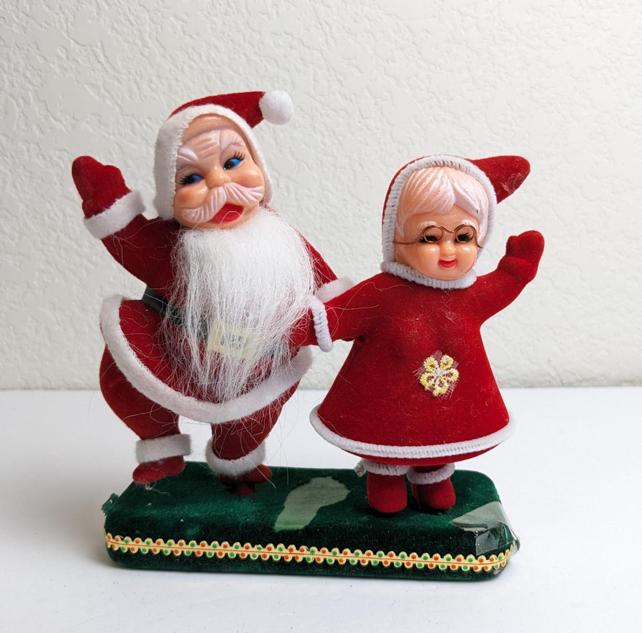 Vintage Flocked Dancing Santa and Mrs. Claus Blow Mold