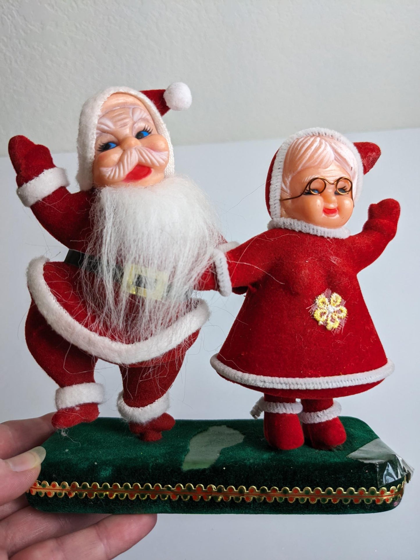 Vintage Flocked Dancing Santa and Mrs. Claus Blow Mold