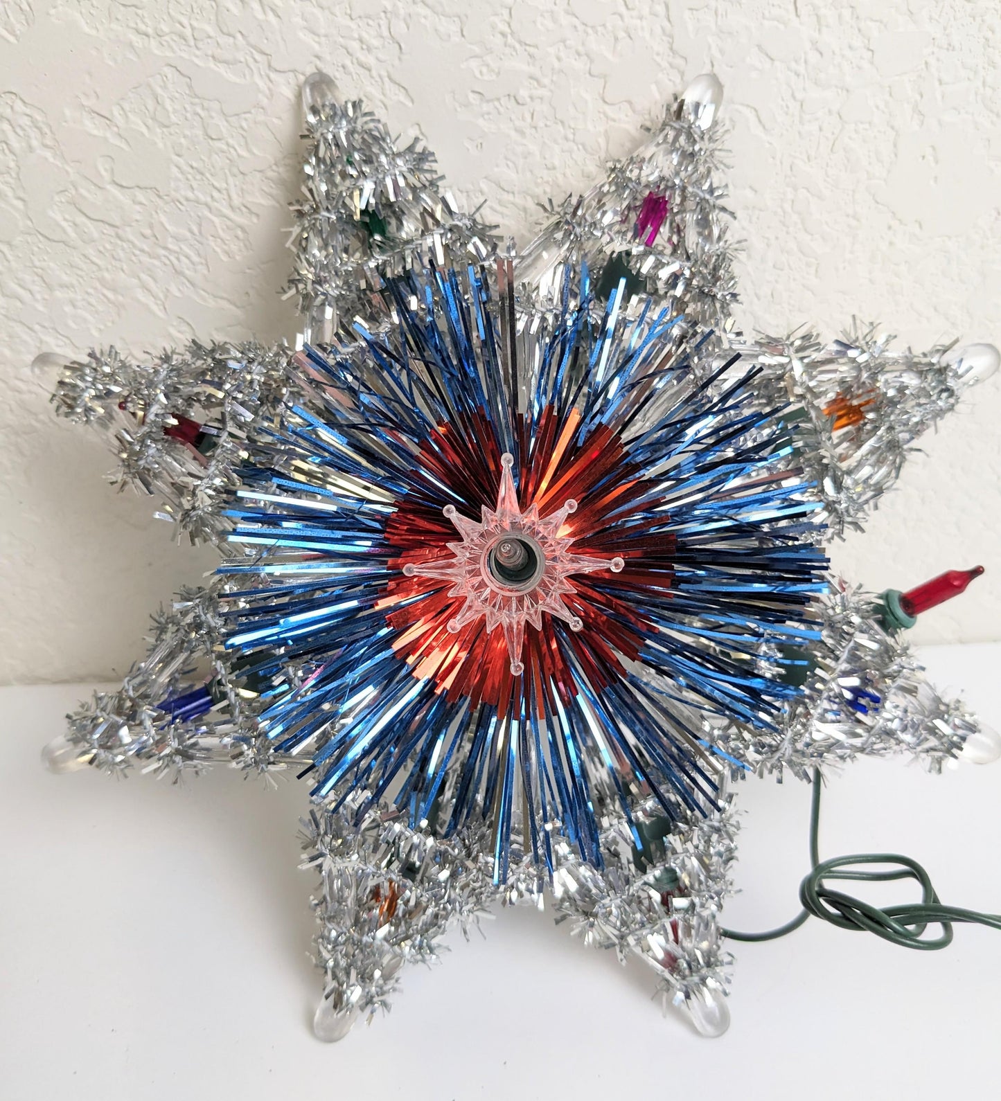 Vintage Light-Up Silver Tinsel Star Christmas Tree Topper