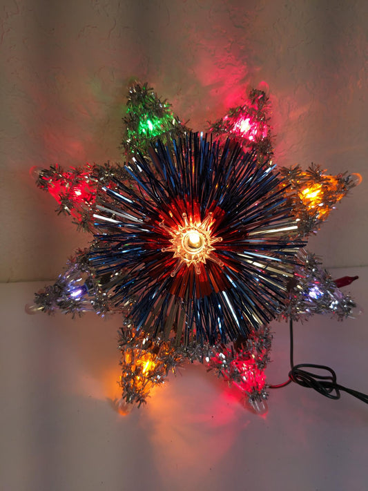 Vintage Light-Up Silver Tinsel Star Christmas Tree Topper