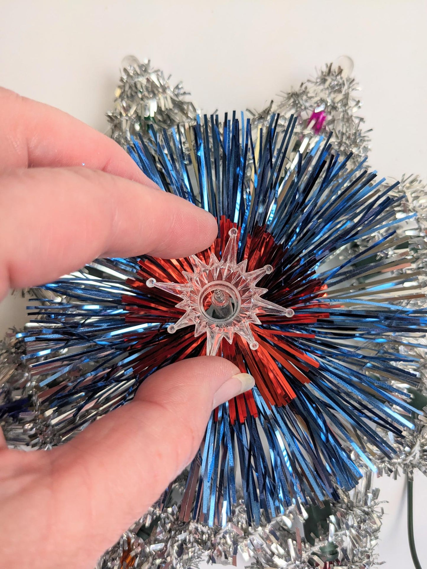 Vintage Light-Up Silver Tinsel Star Christmas Tree Topper