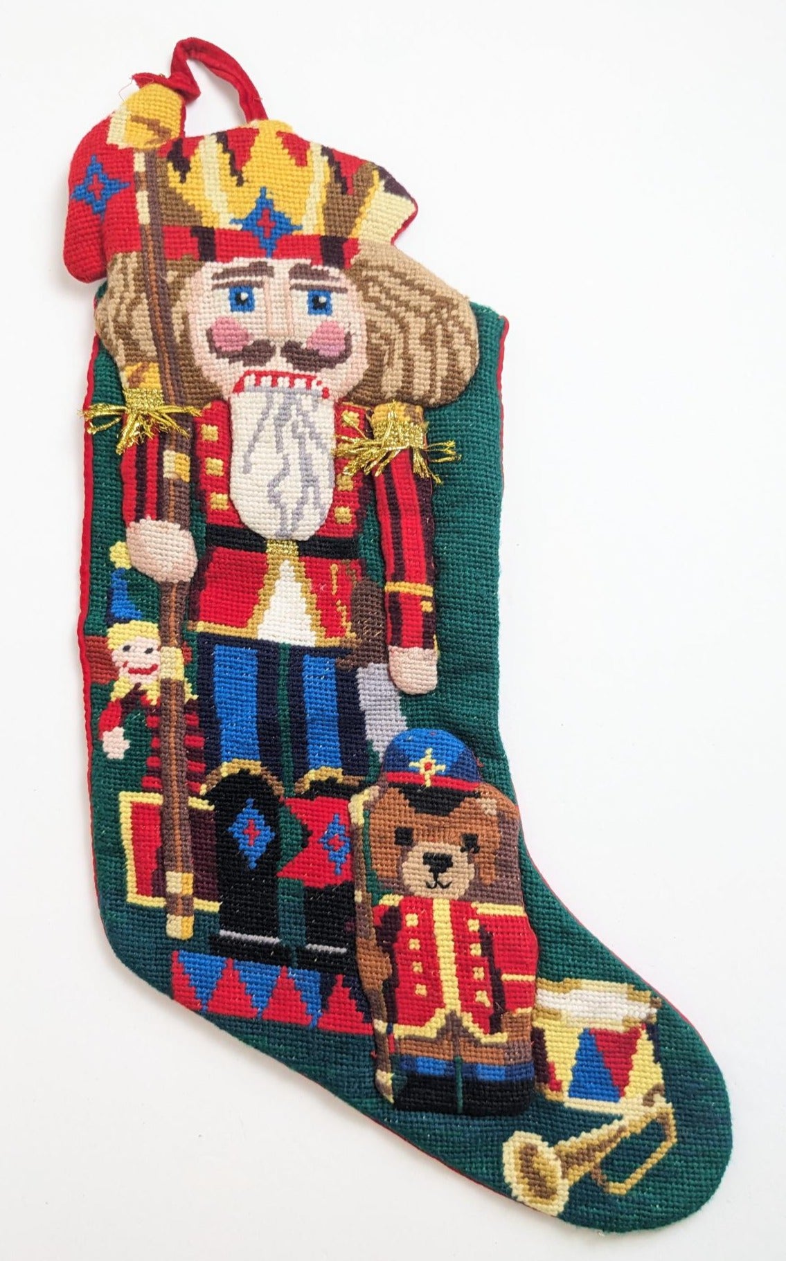 Vintage 3D Nutcracker Needlepoint Christmas Stocking