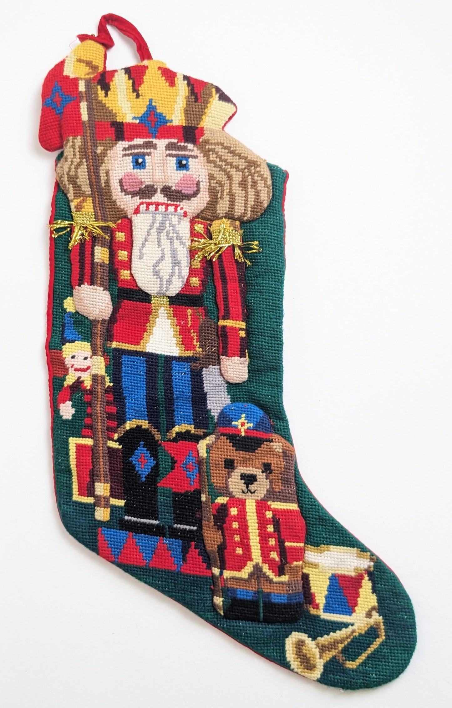 Vintage 3D Nutcracker Needlepoint Christmas Stocking